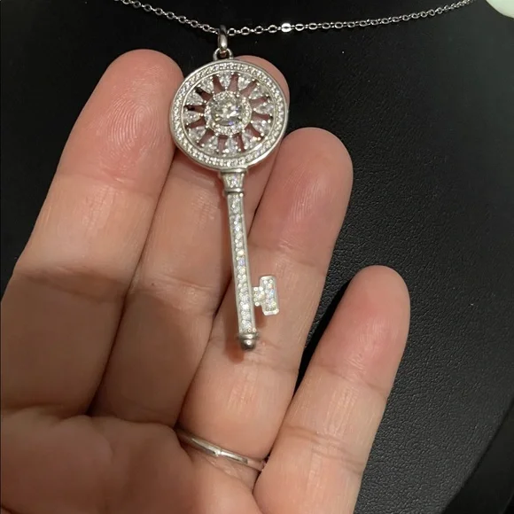NWT Solid Silver 925 Key Pendant Moissanite and CZ Necklace 17” - Picture 10 of 10